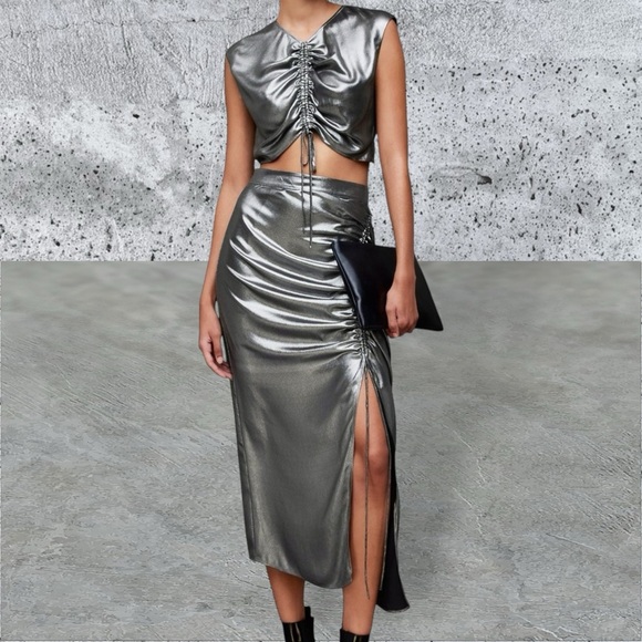 NWOT All Saints ‘Carla Metallic Gray / Silver Skirt’ with Ruched Side Size 4 - Picture 2 of 16